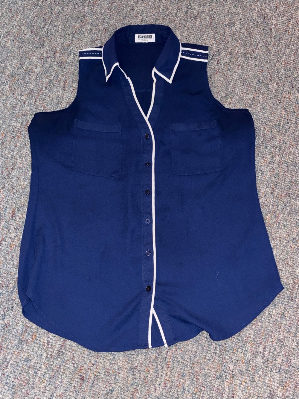 Express Navy Sleeveless Button-Down Blouse with White Piping